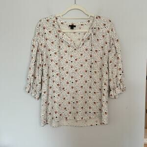 Ann Taylor Paisley Mixed Media Tie Neck Blouse Size Small Floral Ruffle Sleeve